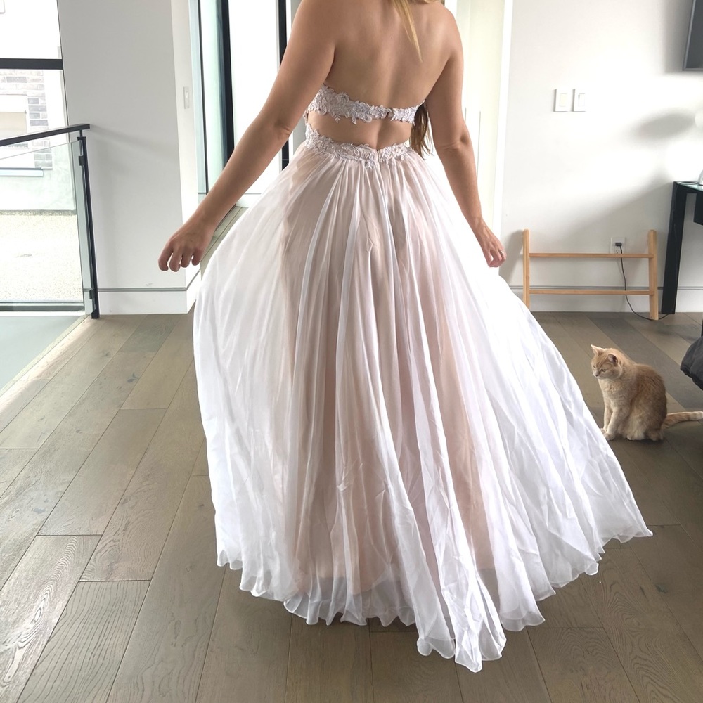 White Long Flowy Strapless Dress